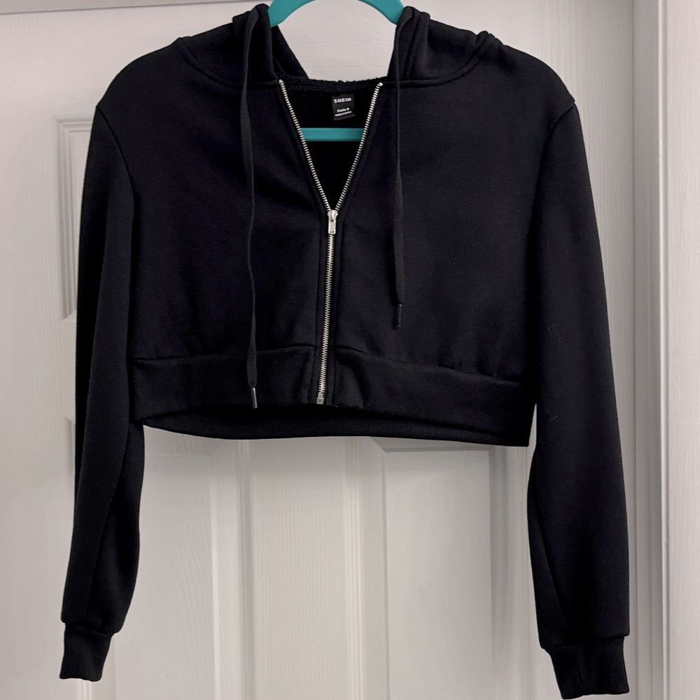 Shein Drawstring Crop Thermal Lined Zip Up Hoodie Black Size S Petite